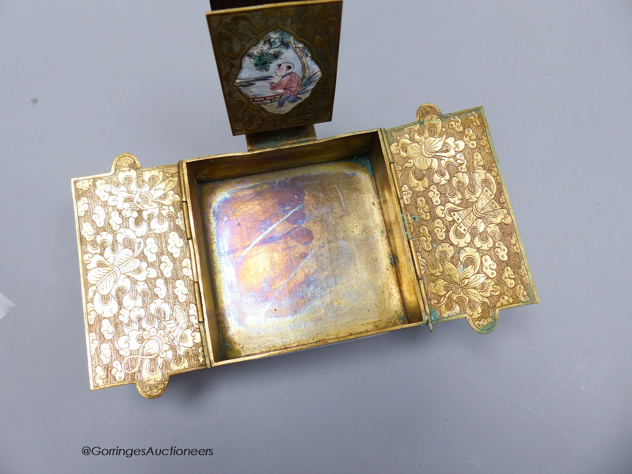 An early 20th century Chinese brass and enamel cigarette box and matchbox holder, 9 x 9cm